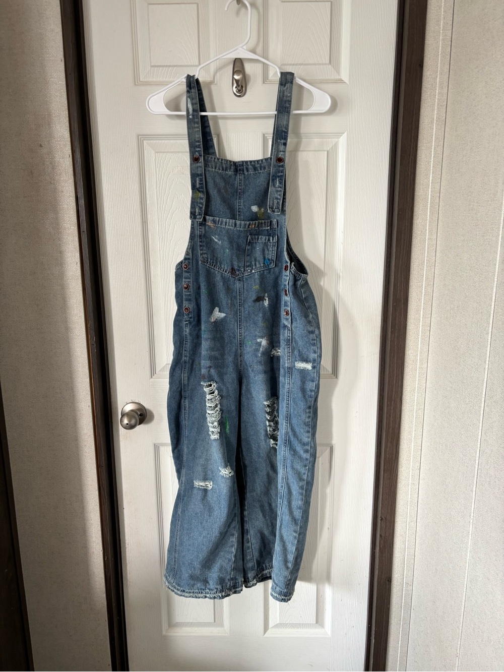 Paint-Splatter Distressed Blue Denim Overalls